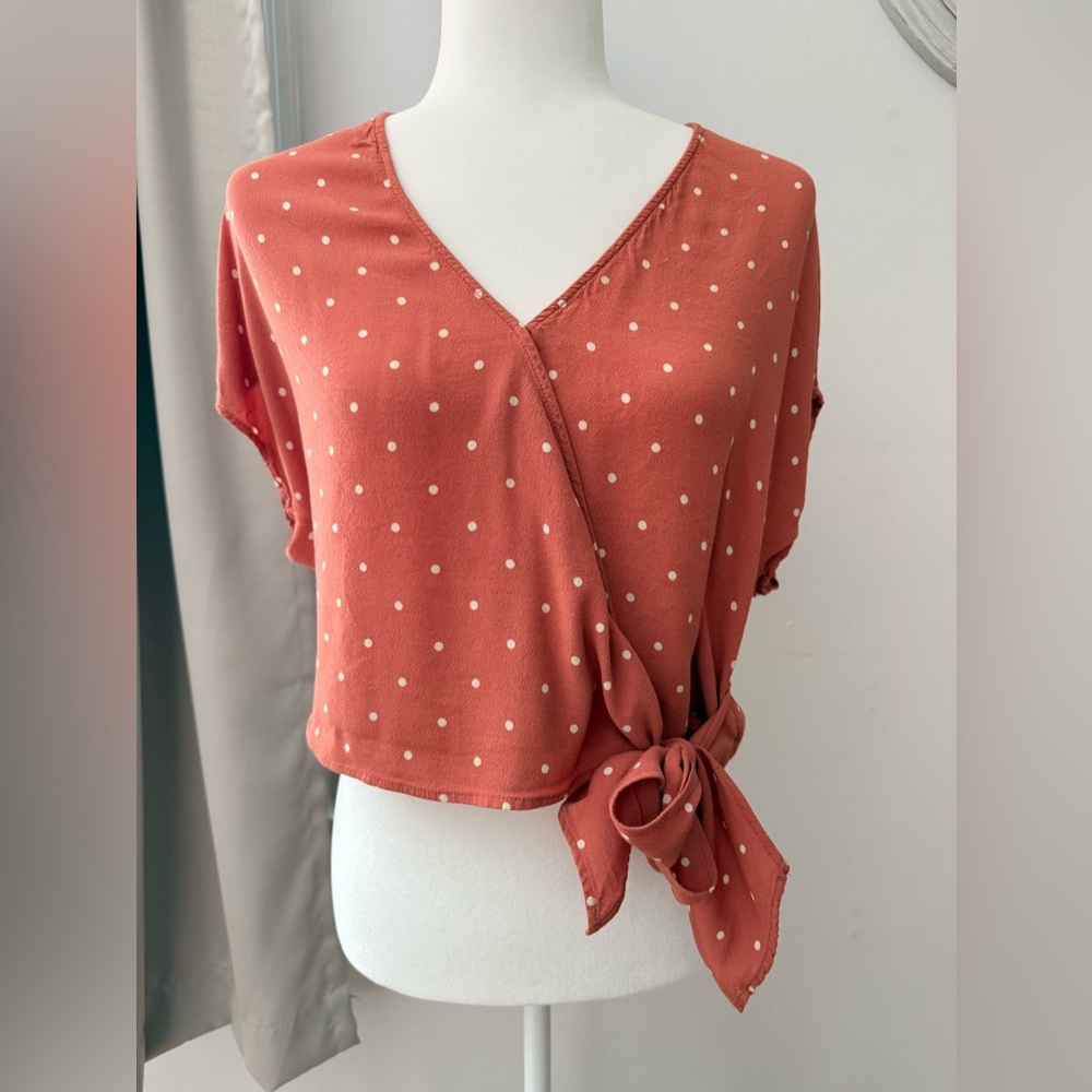 Madewell Sash-Tie polka dot wrap top in a dusty clay or terracotta